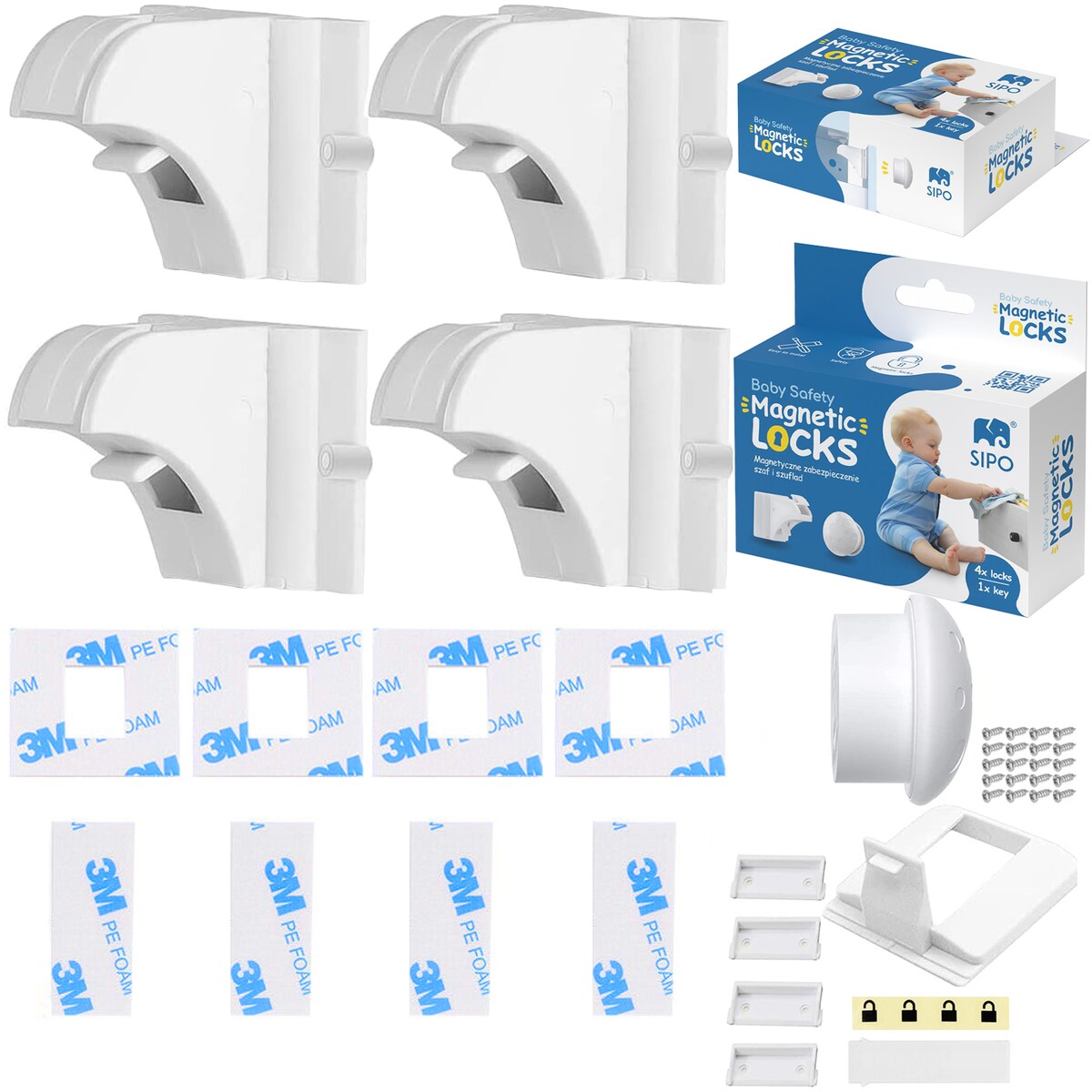 zabezpieczenia magnetyczne do szaf i szuflad, sipo, niewidoczne blokady, zestaw 4 sztuk