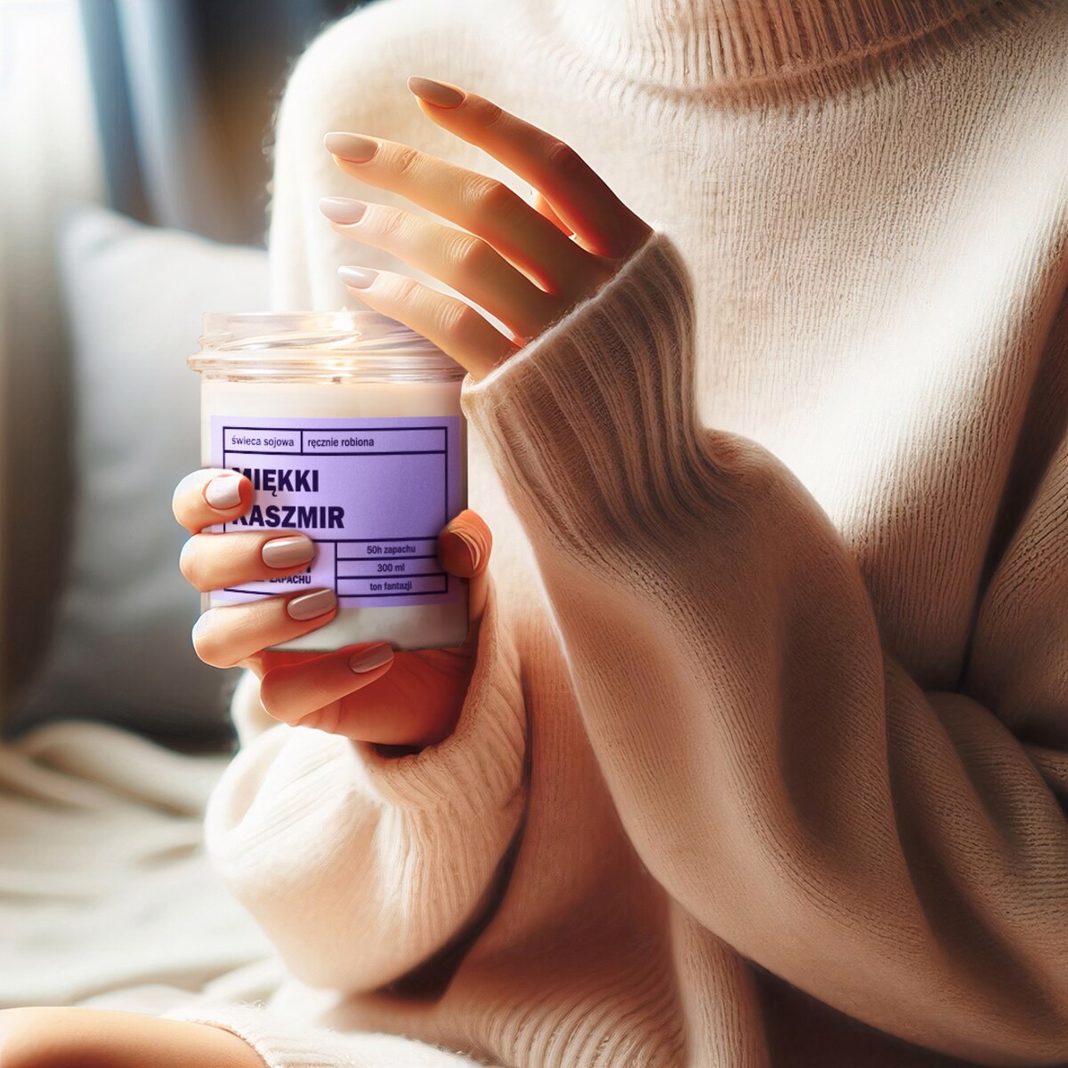 Świeca sojowa naturalna zapachowa MIĘKKI KASZMIR- najlepsza aromatyczna bezpieczna ręcznie robiona w szklanym słoiczku 300ml 50h palenia na prezent upominek