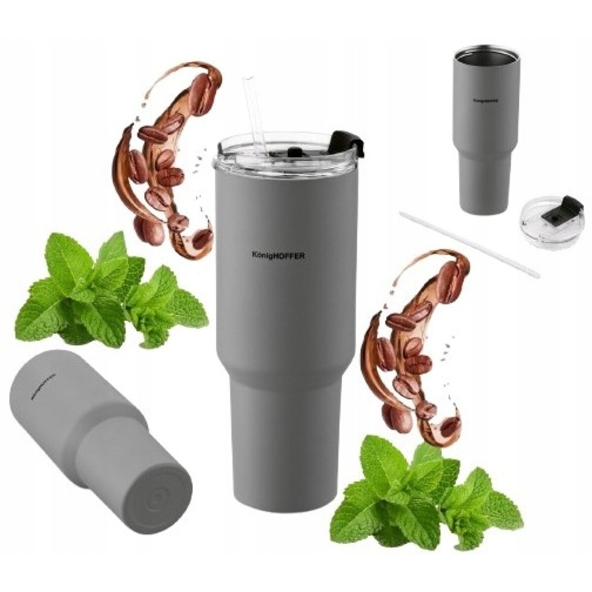 Kubek termiczny ze słomką 1200 ml na ciepłe zimne napoje kawę HERBATĘ szary