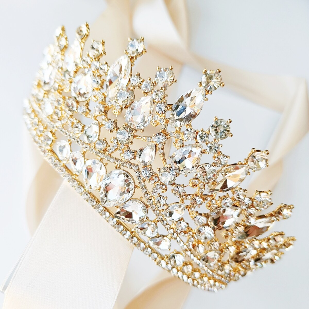 złota duża elegancka korona błyszcząca ŚLUB gala pokaz FASHION ozdoba głowę