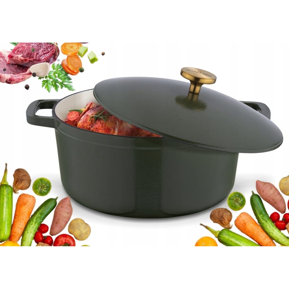 Gęsiarka żeliwna emaliowana brytfanna garnek 5 L okrągła ZIELONA na święta