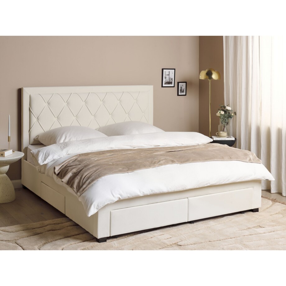 Łóżko z szufladami welurowe 180 x 200 cm kremowe LIEVIN