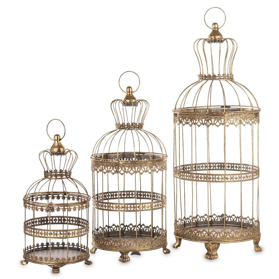 Klatki dekoracyjne metalowe 3 sztuki 47x19x19 i 53x23x23 i 72x26x26 cm złote