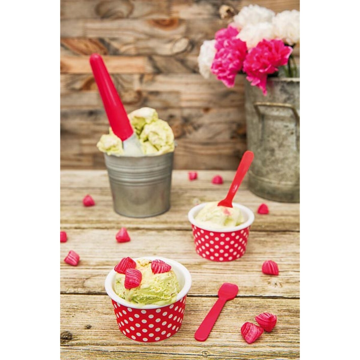 Miseczka na lody z łyżeczką różowo – biała, 8 cm, Zak! Designs