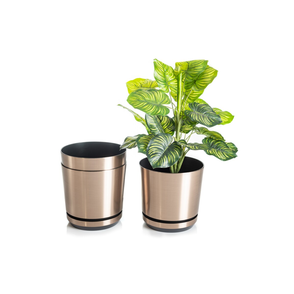 16 cm wzór STAL Doniczka z podstawką efekt szczotkowany metal z drenażem