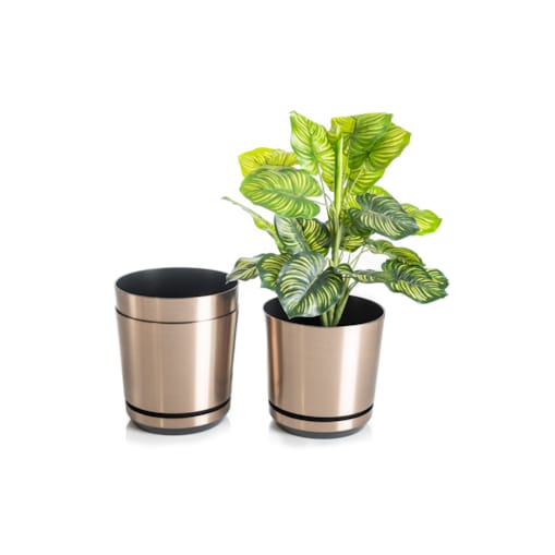 16 cm wzór STAL Doniczka z podstawką efekt szczotkowany metal z drenażem