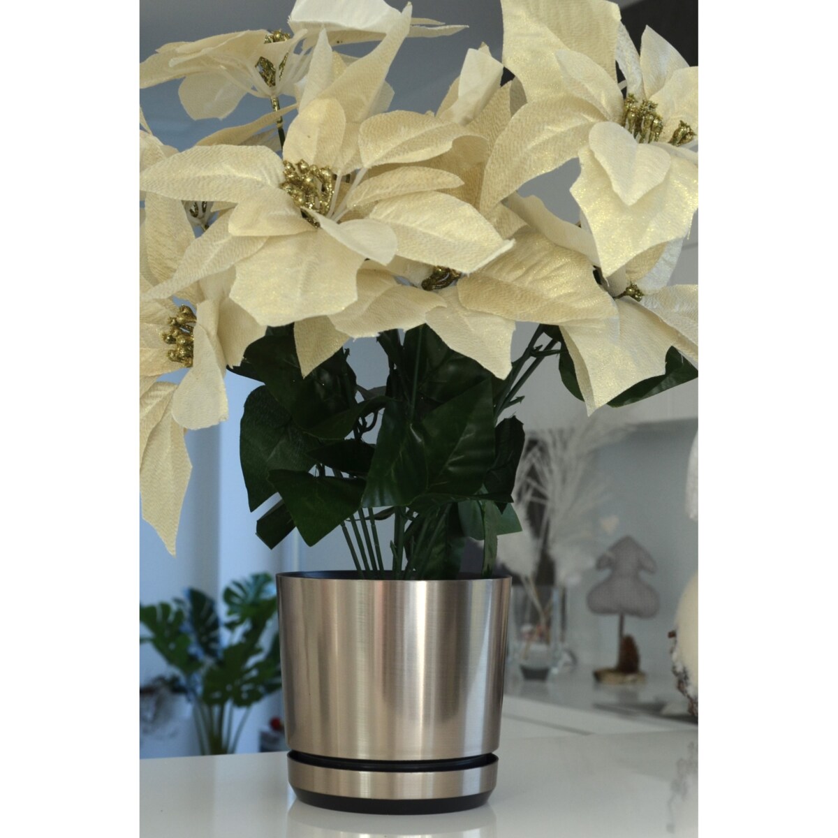 18 cm wzór STAL Doniczka z podstawką efekt szczotkowany metal z drenażem