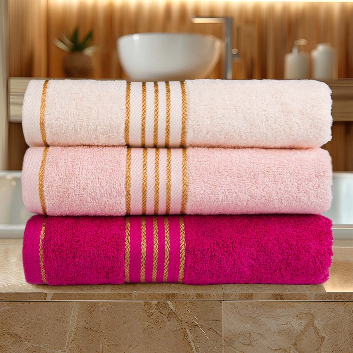 Ręcznik kąpielowy 70x140 cm bawełniany kolor jasny różowy z bordiurą w złote paski 500 g/m2 TIWANO