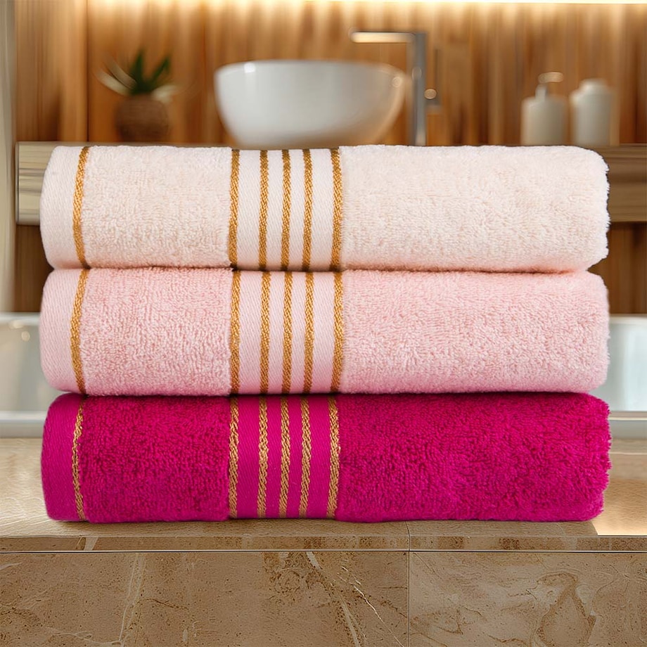 Ręcznik kąpielowy 70x140 cm bawełniany kolor jasny różowy z bordiurą w złote paski 500 g/m2 TIWANO