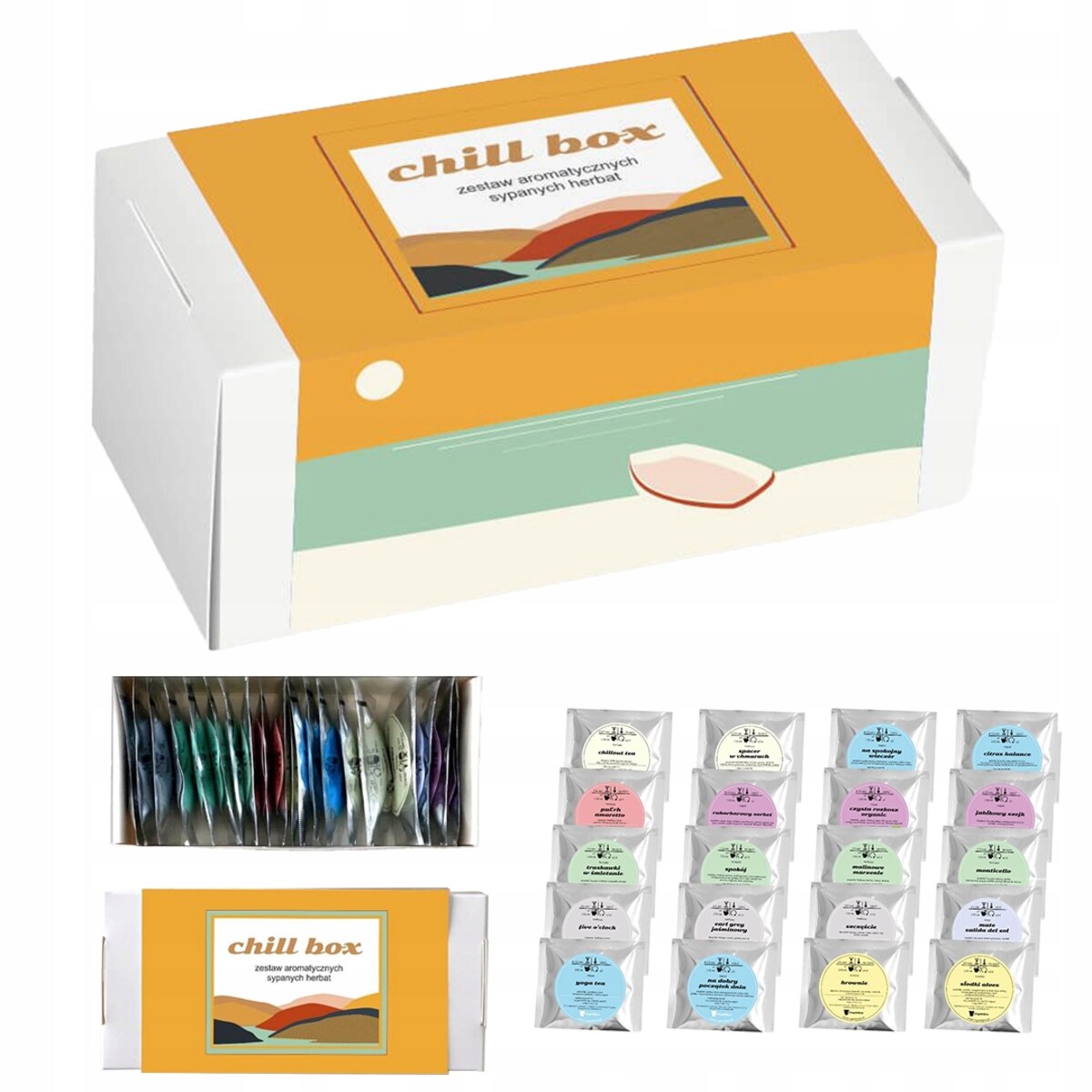 Zestaw prezentowy upominkowy box "CHILLOUT" 20 saszetek z różnymi herbatami sypanymi - prezent upominek dla kobiety faceta żony babci dziadka dziewczyny chłopaka