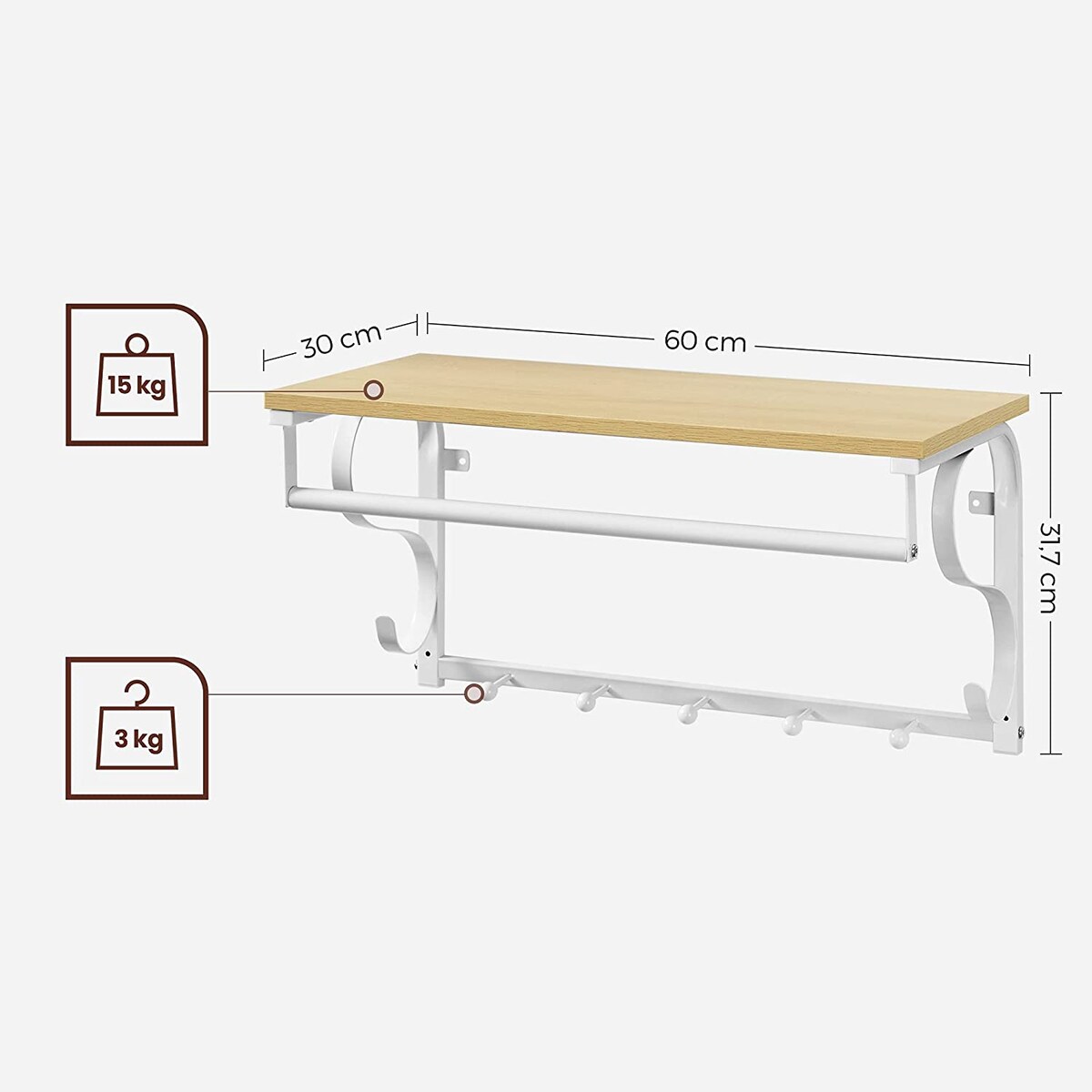 Półka Z Wieszakami 60X30X31,7 Cm Dąb, Biały