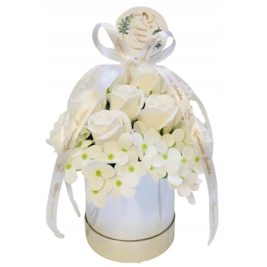 RÓŻE mydlane BIAŁE w srebrnym pudełku na I KOMUNIA ŚWIĘTA prezent pamiątka