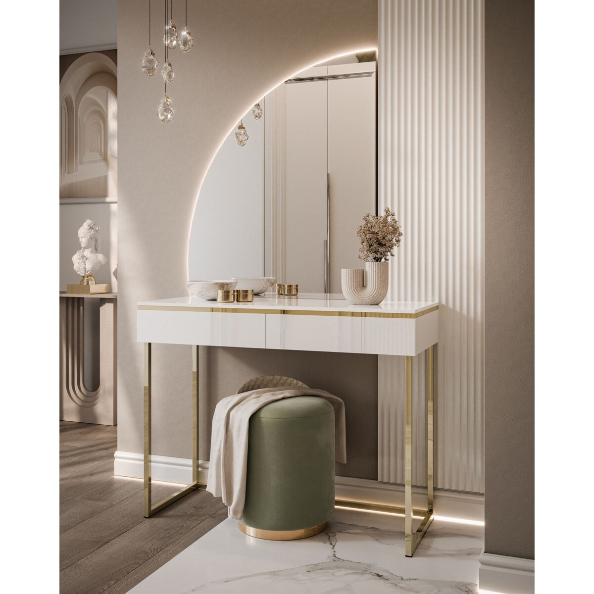 Toaletka AURORA-Q biały połysk na złotym stelażu lewe