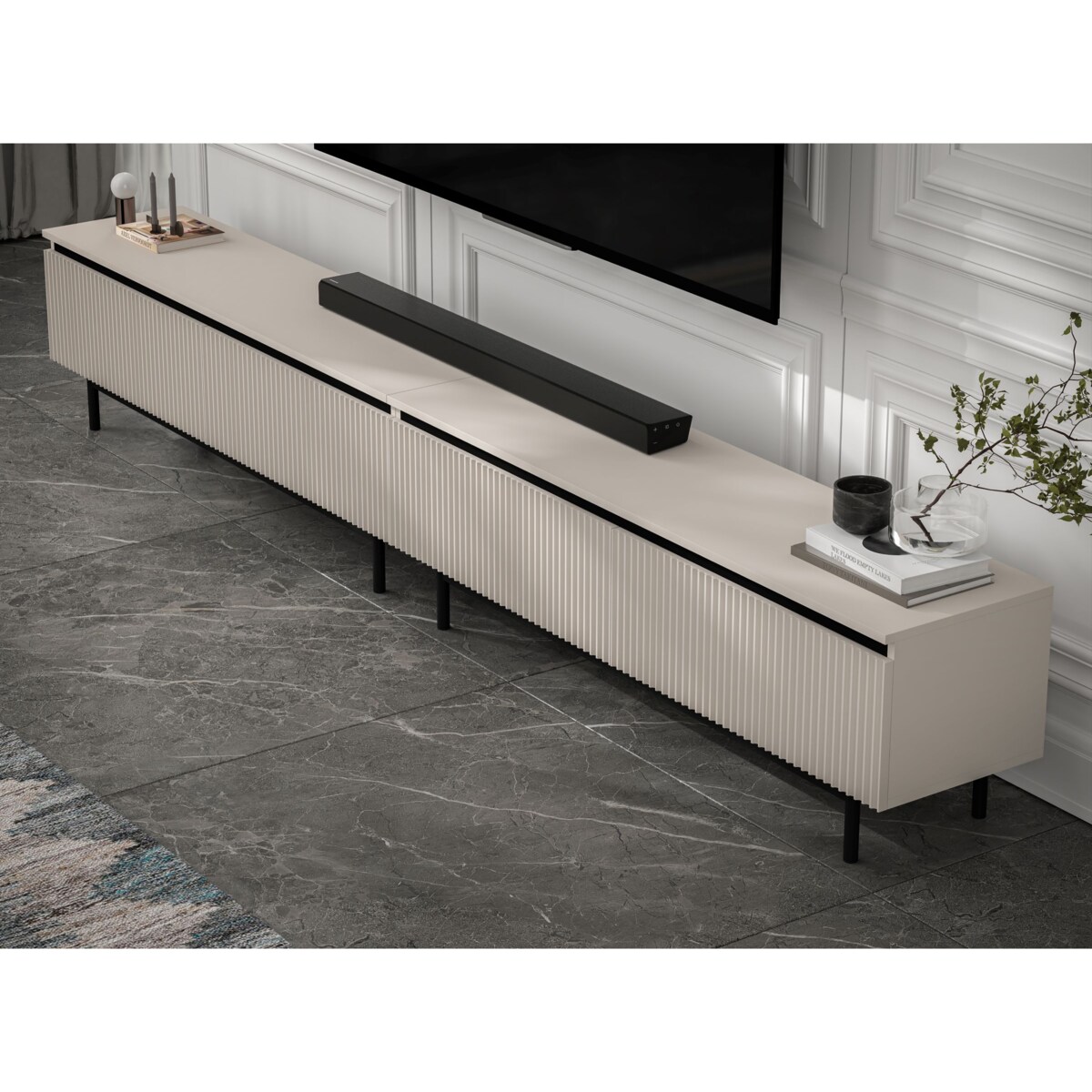 Nowoczesna Szafka RTV Glamour Komoda RTV Kaszmir Mat 280 cm czarne akcenty