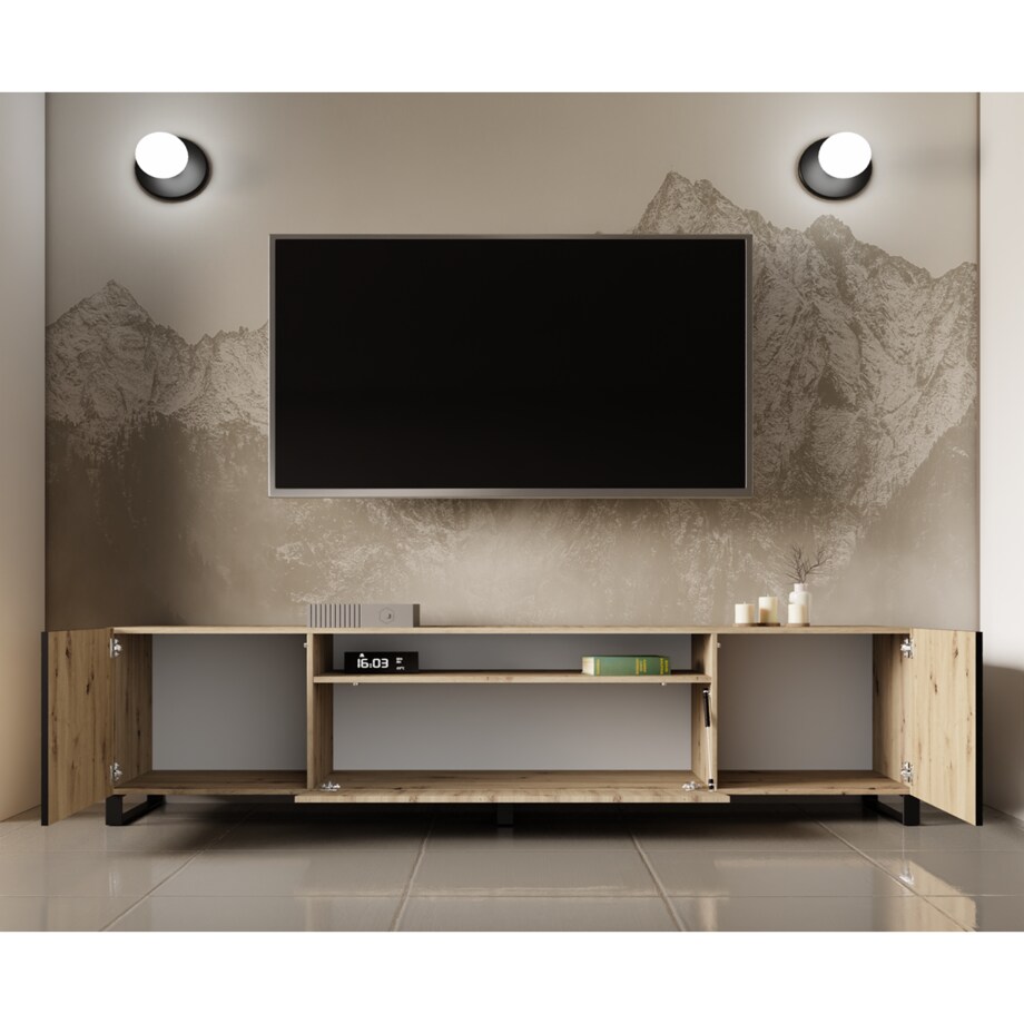 Szafka RTV IGO 200 cm na metalowych nogach, jodełka- artisan+czarny