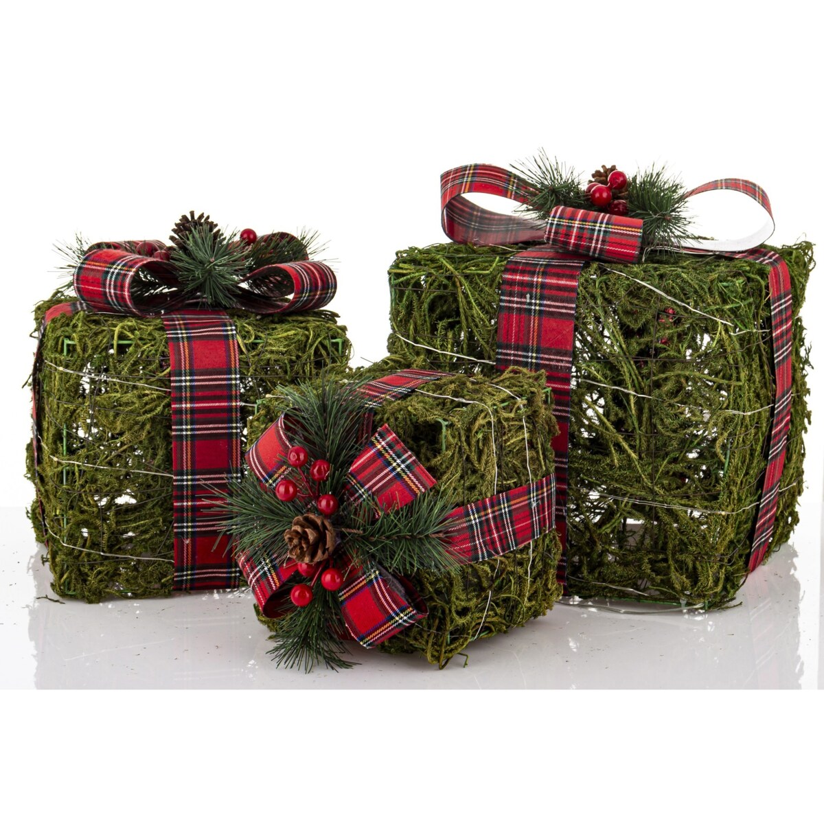 Dekoracja LED - 3 szt. 30x27, 25x22, 12x16 cm pudełek z czerwoną kraciastą wstążką