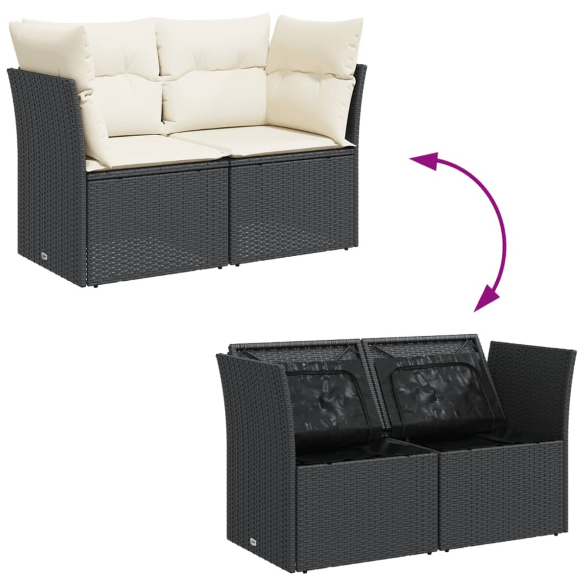 vidaXL Sofa ogrodowa z poduszkami, 2-osobowa, czarna, polirattan