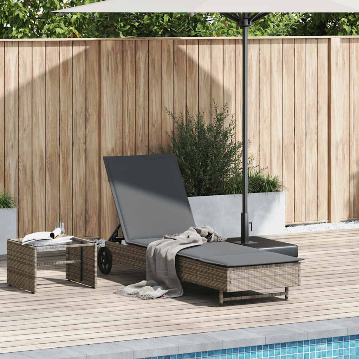 vidaXL Leżak na kółkach, z poduszką, szary, polirattan