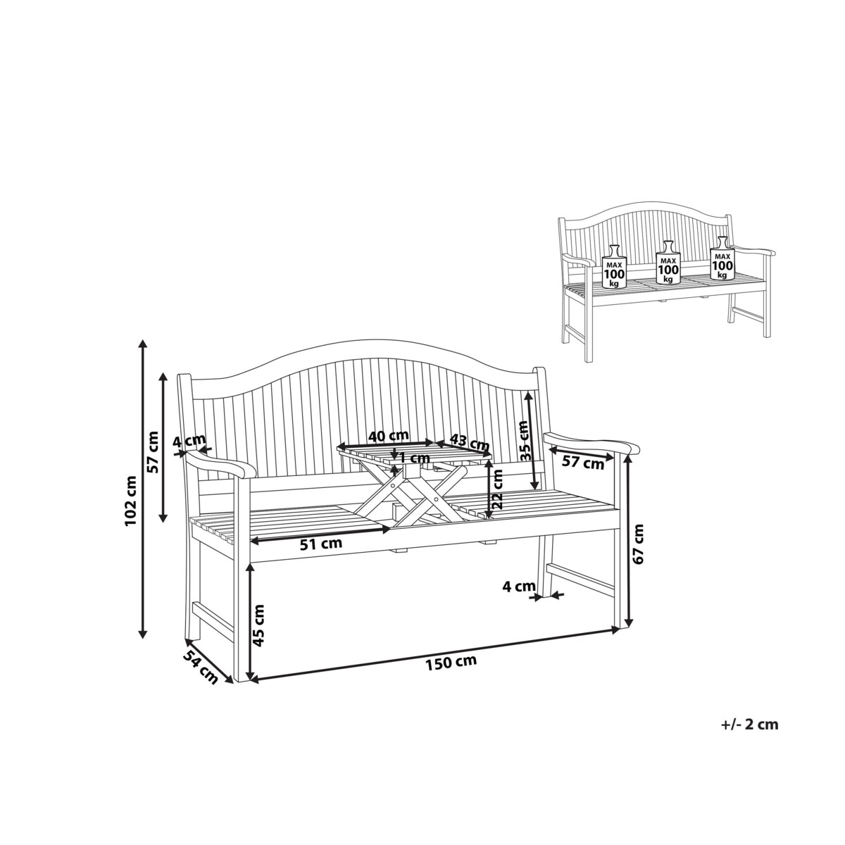 Ławka ogrodowa 150 cm drewniana z rozkładanym stolikiem HILO