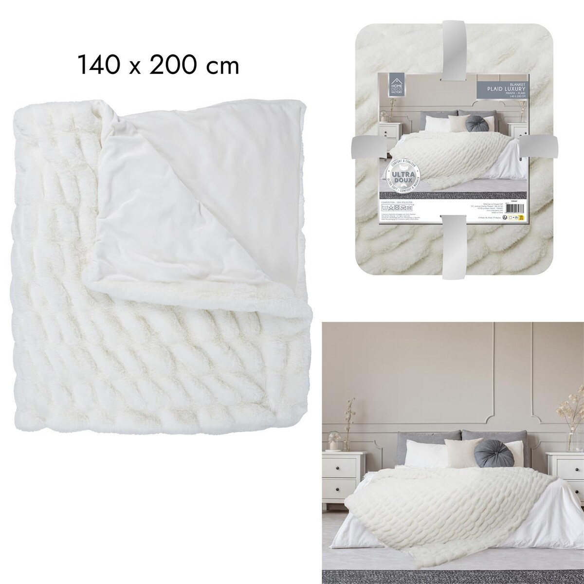 Koc futrzany Furry Luxury biały ciepły i puszysty na łóżko lub kanapę 140x200 cm
