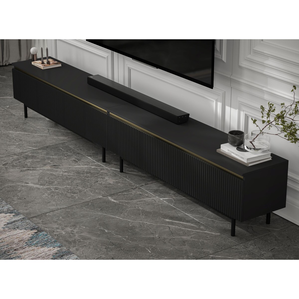 Nowoczesna Szafka RTV Glamour Komoda RTV Czarny Mat 280 cm czarne akcenty