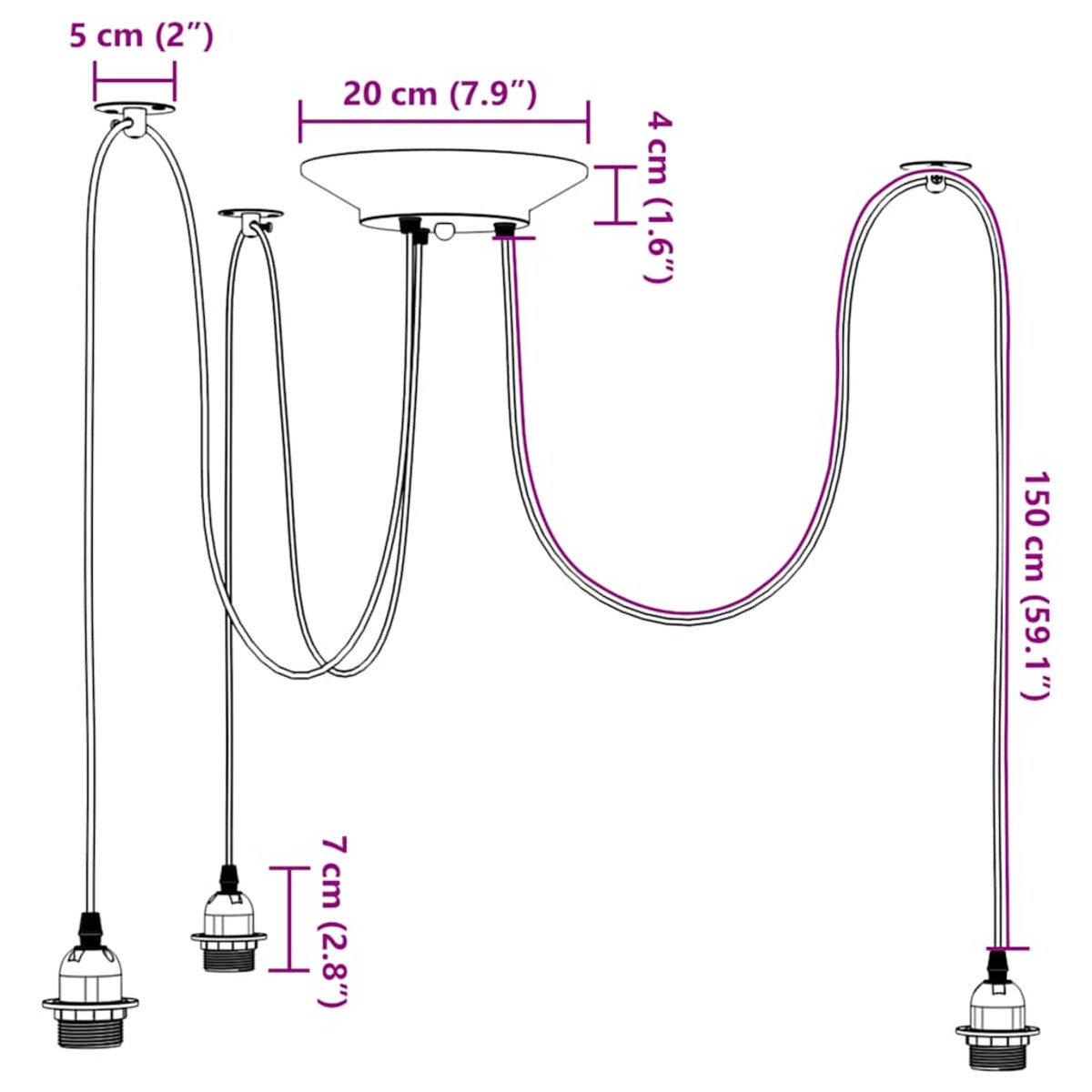 vidaXL Lampa wisząca z 3 uchwytami na żarówki E27 Czarny metal