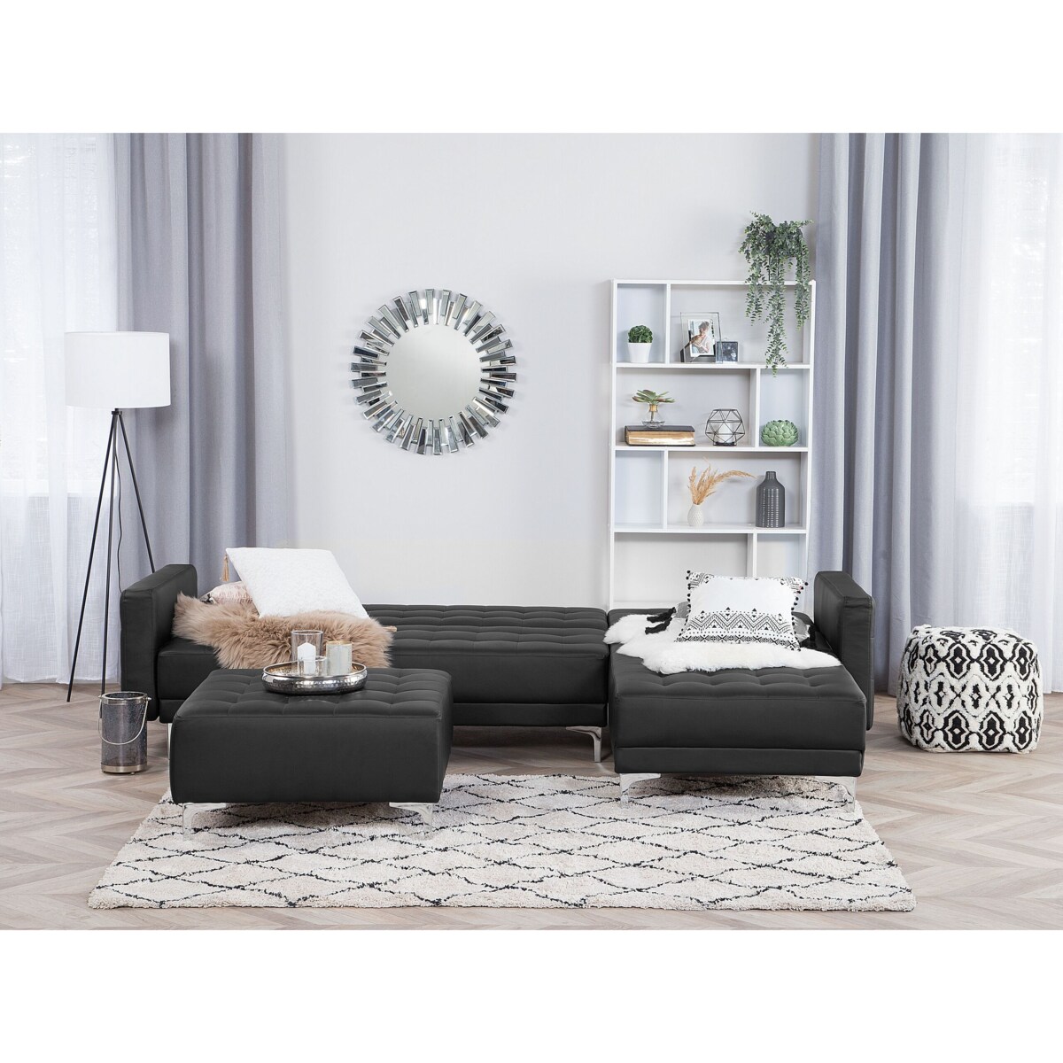 Narożnik rozkładany 4-osobowy z otomaną ekoskóra lewostronny czarny ABERDEEN