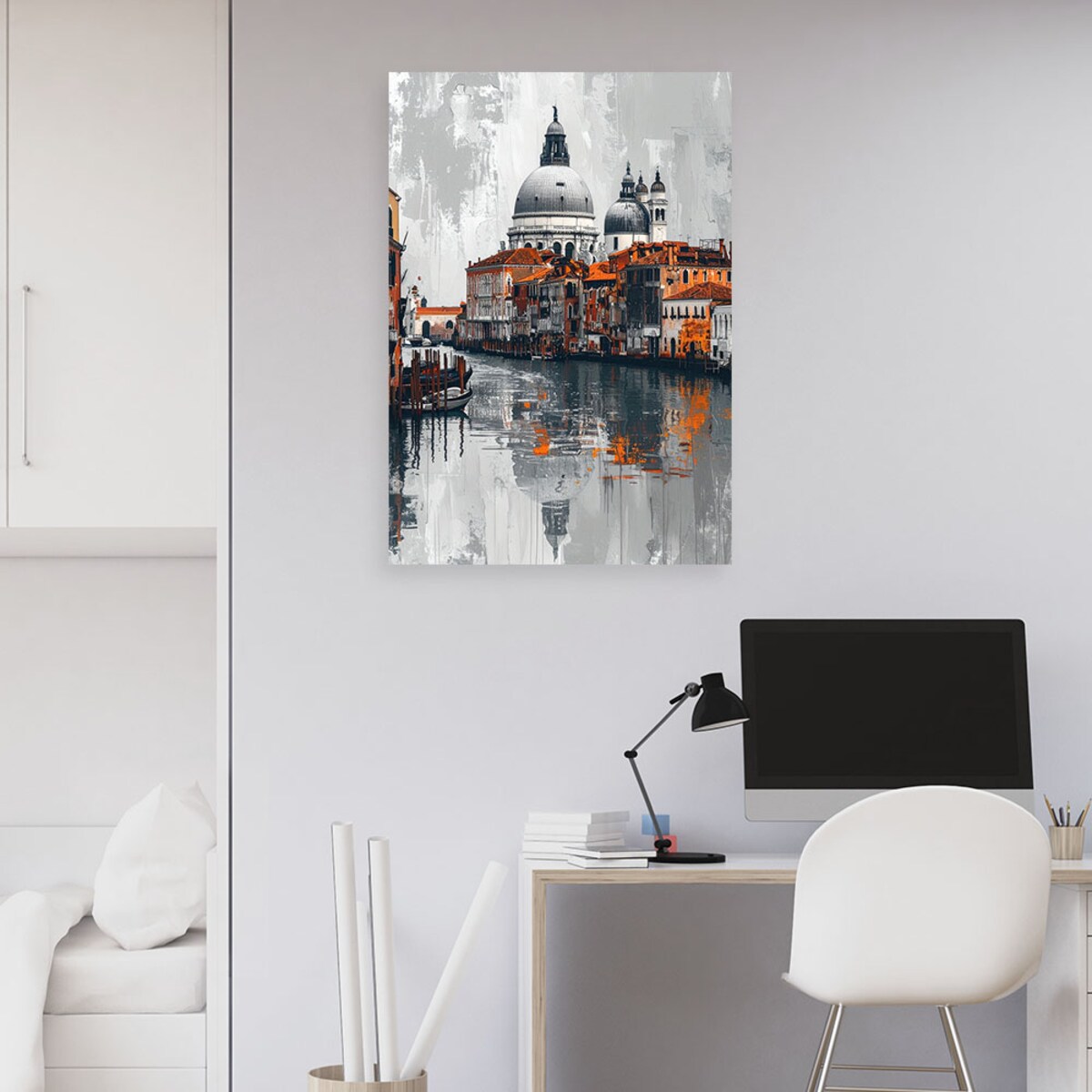 Obraz do salonu sypialni jadalni biura hotelu, Kanał wenecki gondole na tle miasta efekt farby 30x45 cm