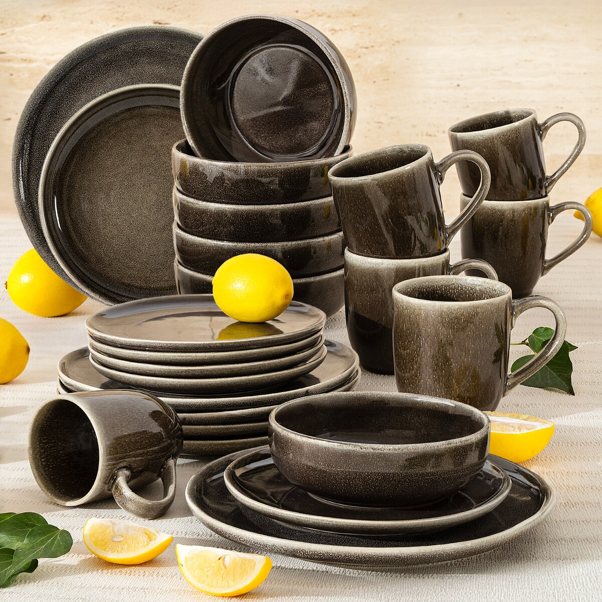 EDA Zestaw obiadowy 6 os. (24 el.), brązowy/szary/beżowy