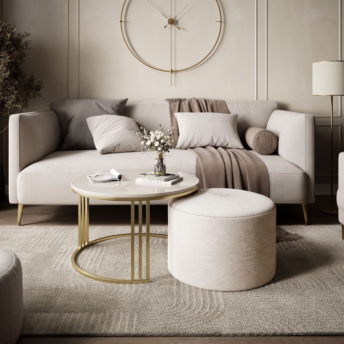 Stolik kawowy z pufą LORI POŁYSK złoto szczotkowane, kaszmir / Perfect Harmony 01