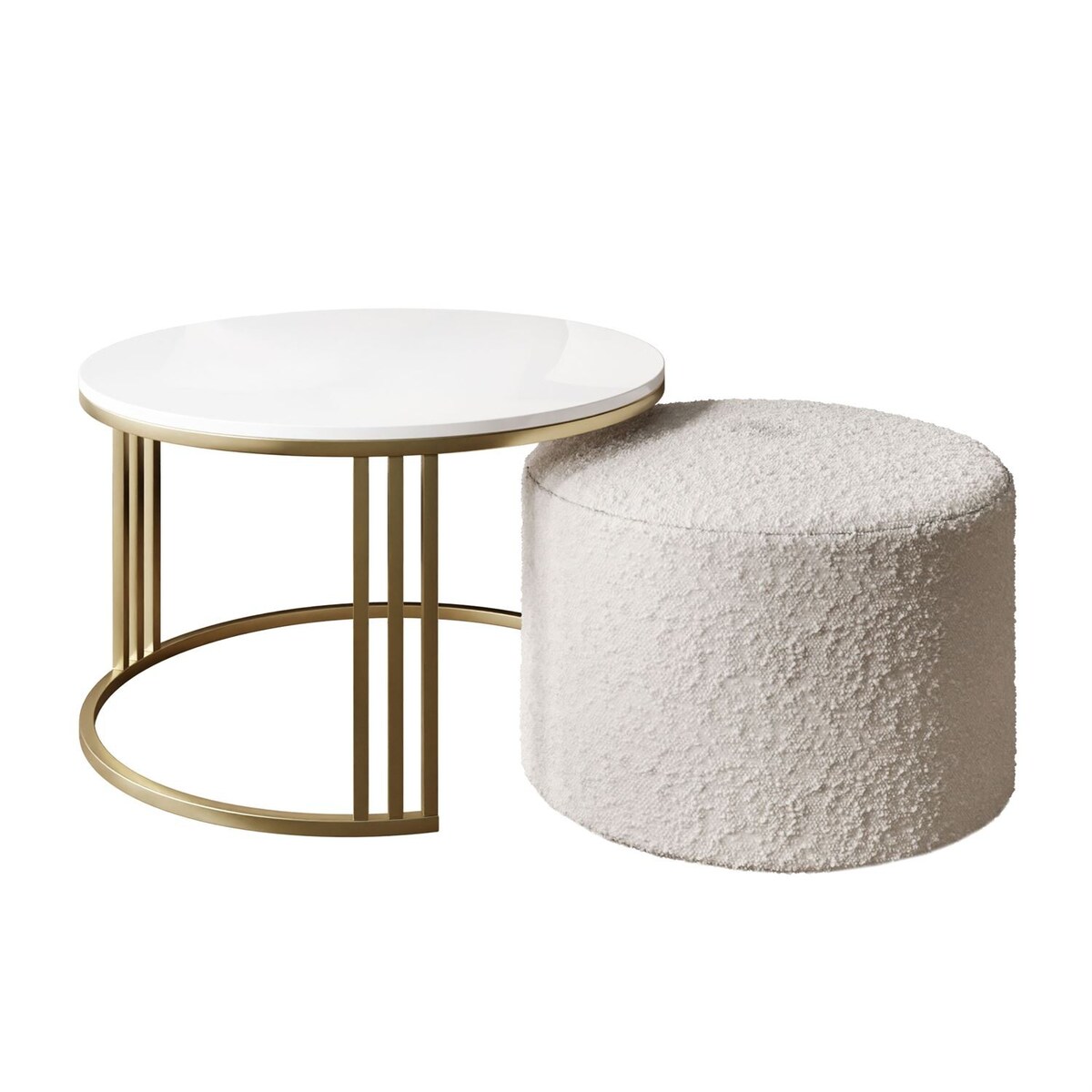 Stolik kawowy z pufą LORI POŁYSK złoto szczotkowane, biały / Coral 65