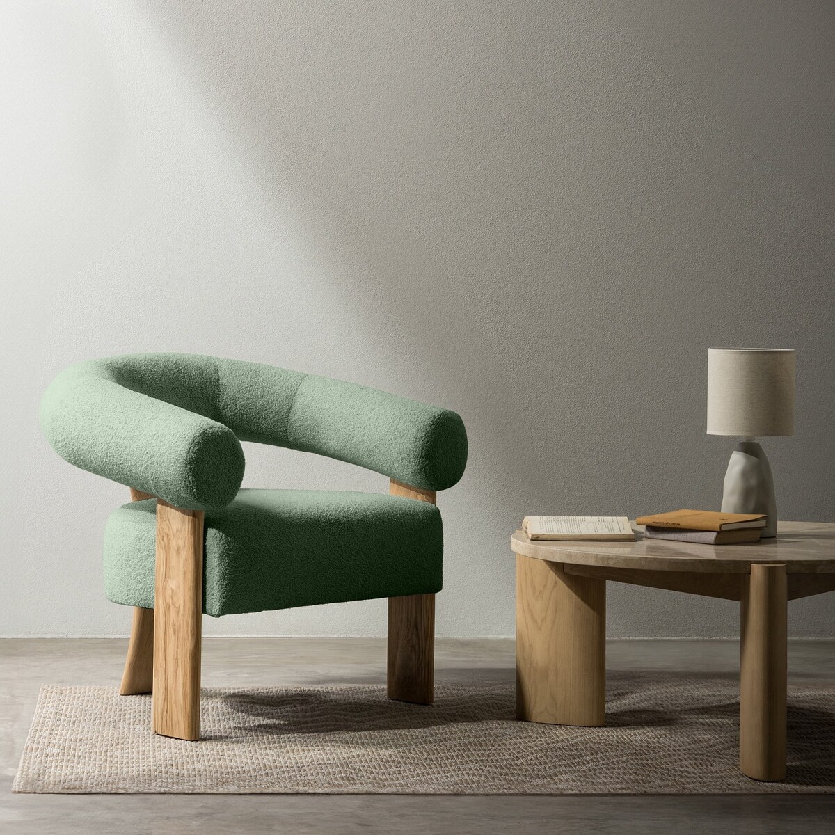 Fotel wypoczynkowy szałwiowy bouclé/dąb Ilady