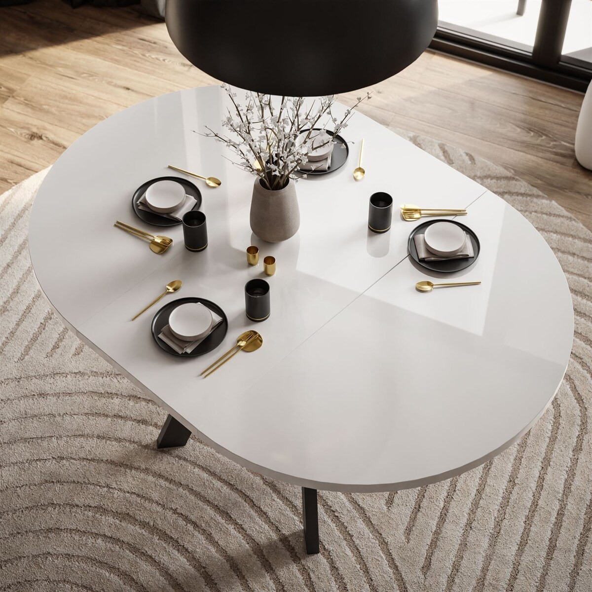 Okrągły stół rozkładany VOLTA GLOSS, nogi czarne, blat biały