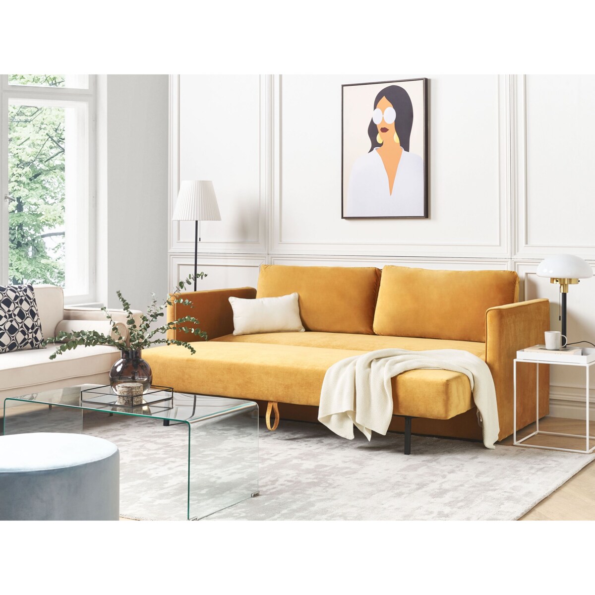 Sofa rozkładana welurowa żółta EKSJO