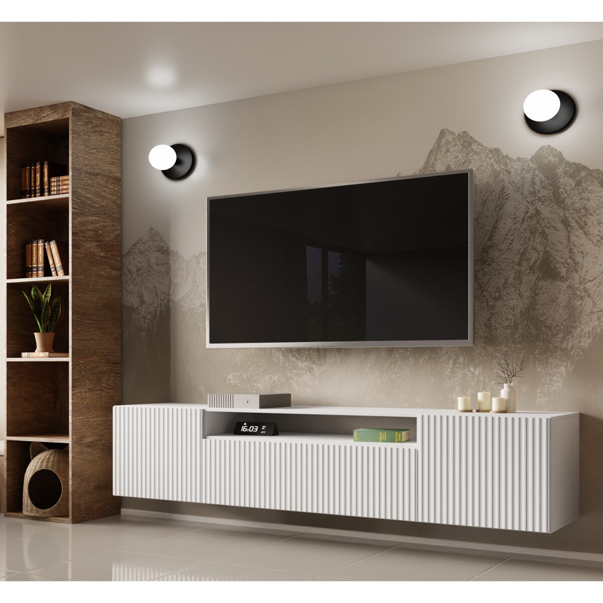 Szafka RTV NOELI, wisząca z ryflowanymi frontami pod telewizor- biała