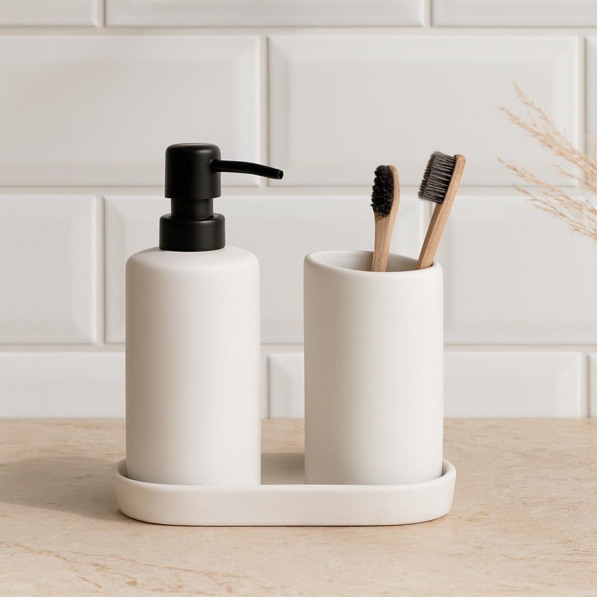 Zestaw łazienkowy PLY, ceramiczny dozownik, kubek i taca