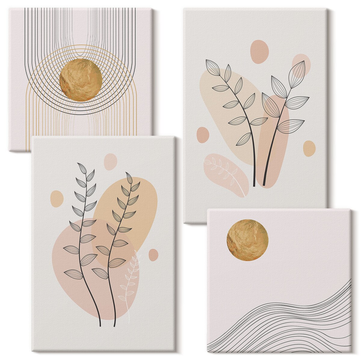 Zestaw 4 obrazów na płótnie - Minimalistyczne rysunki roślin - beżowy