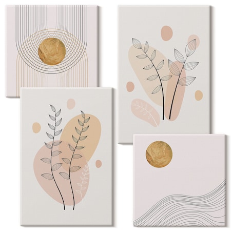 Zestaw 4 obrazów na płótnie - Minimalistyczne rysunki roślin - beżowy