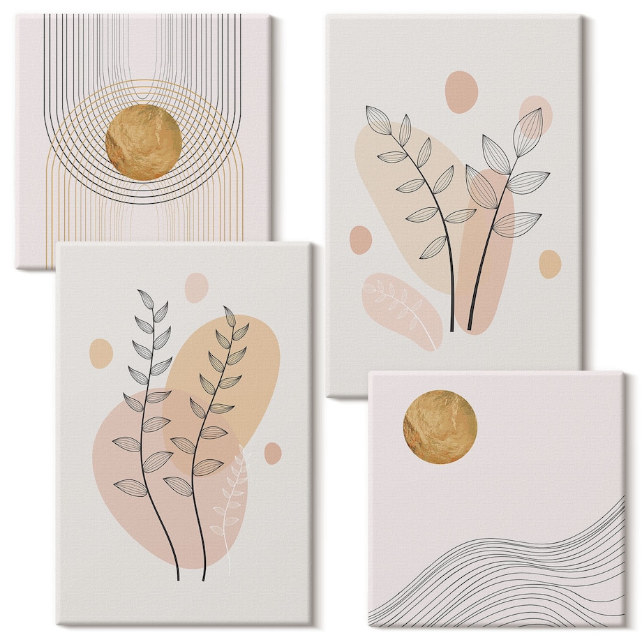 Zestaw 4 obrazów na płótnie - Minimalistyczne rysunki roślin - beżowy