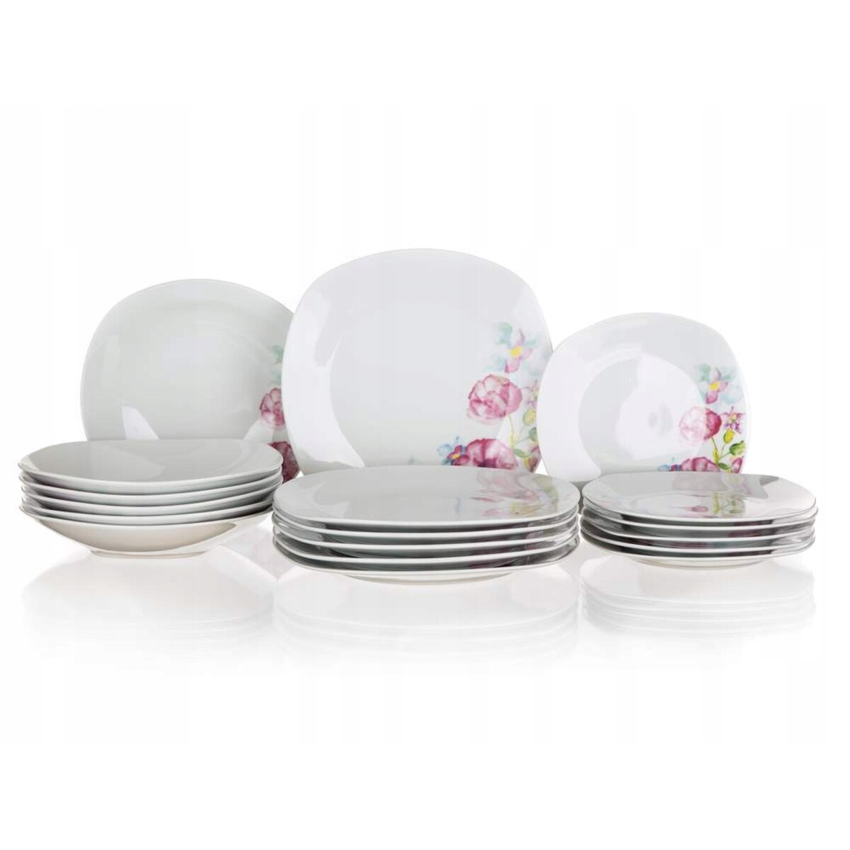 TALERZE OBIADOWE KOMPLET dla 6 osób W KWIATY KWADRATOWE białe serwis