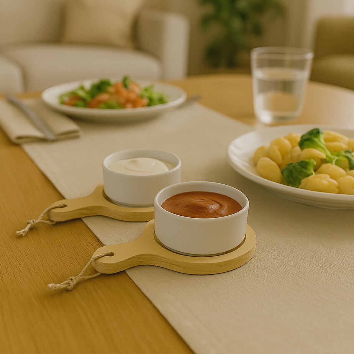 Zestaw do przekąsek, dressingów i przystawek - 2 okrągłe porcelanowe miseczki na tackach