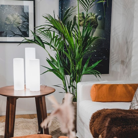 Szklana lampa stojąca Flake tuba stołowa do salonu biała