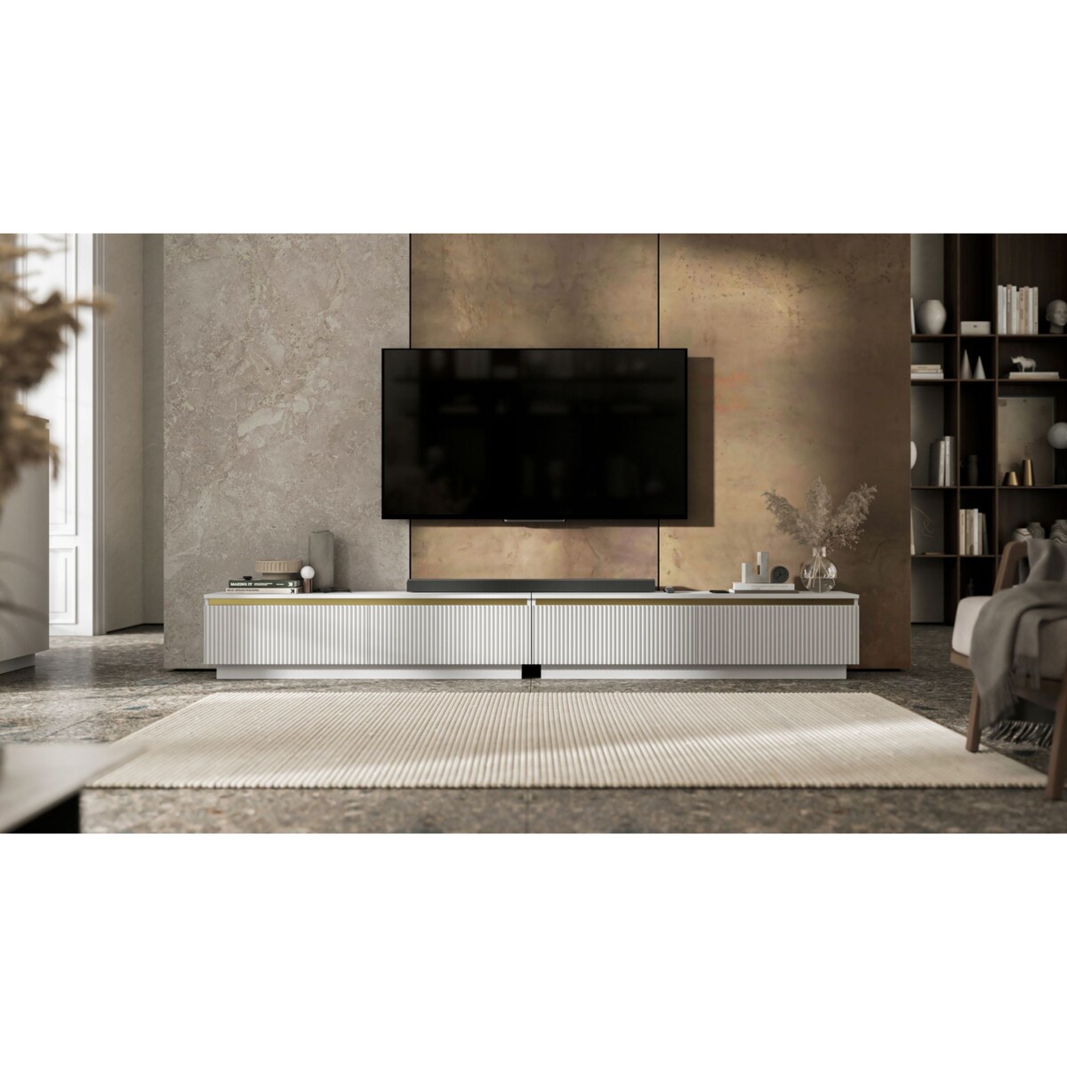 Nowoczesna Szafka RTV Glamour Komoda RTV Biały Mat 280 cm ryflowane fronty