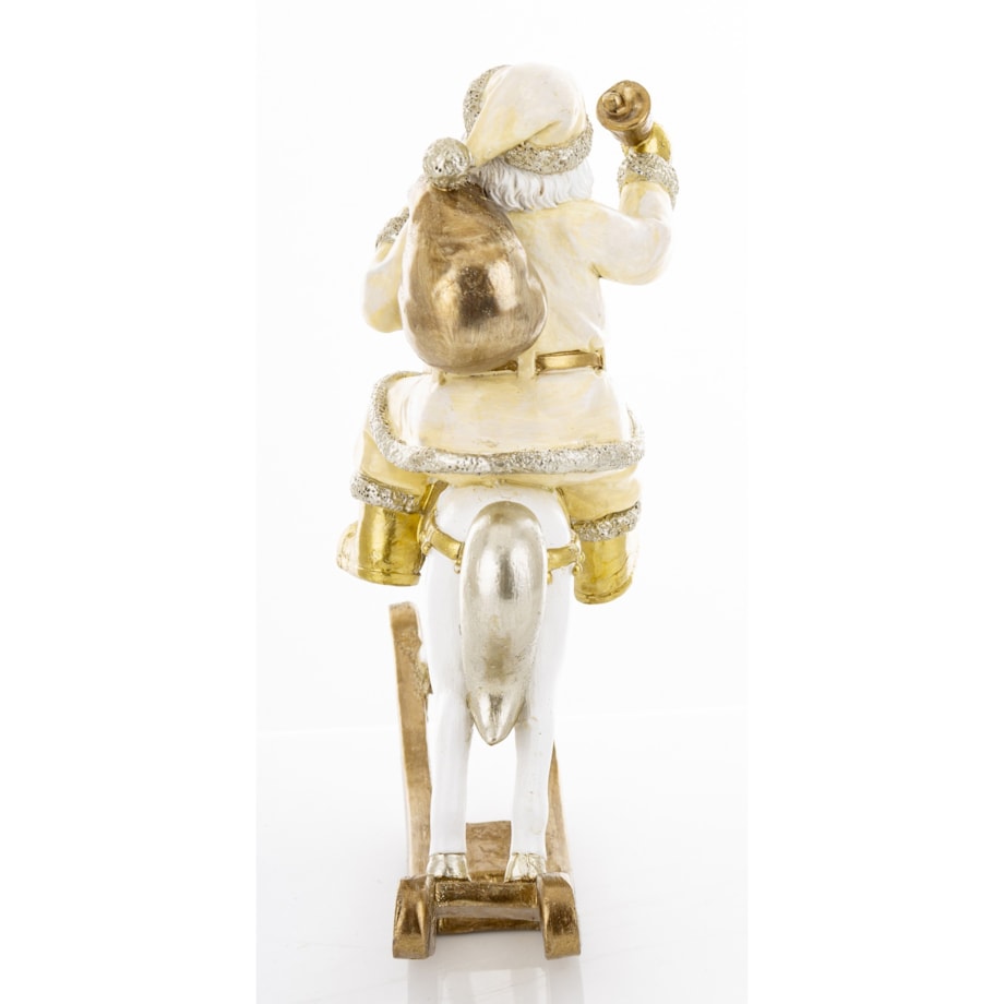 Święty Mikołaj na białym koniu na biegunach 22x20x8 cm z dzwonkiem i workiem