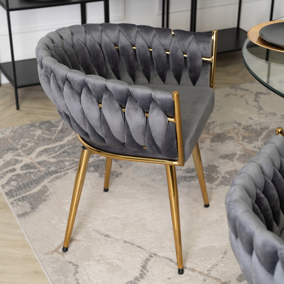 Krzesło Obrotowe Plecione Tapicerowane Welurowe Do Jadalni Szare RUBI