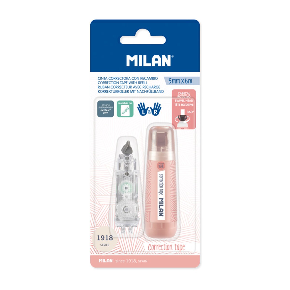 Korektor mini w taśmie MILAN 1918 5 mm x 6 m różowy + wkład zapasowy na blistrze