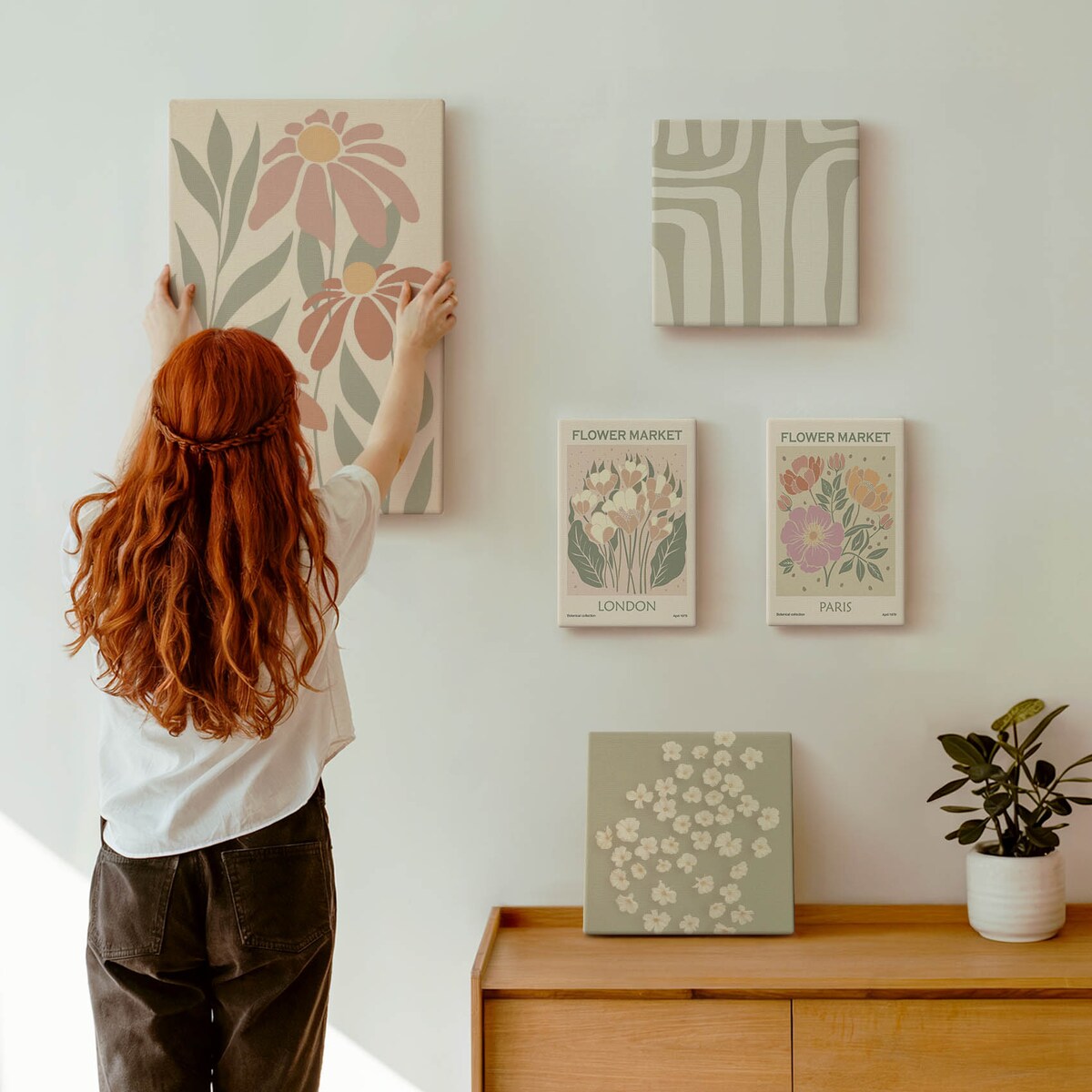 Zestaw 5 obrazów na płótnie - Kwiatowe wzory Londyn Paryż boho - zielony