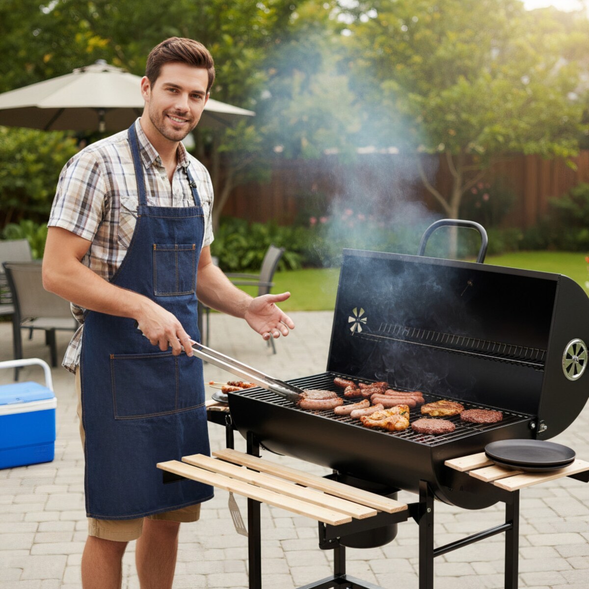 Duży grill ogrodowy węglowy pokrywa + półki + popielnik popielnica KLAUSBERG