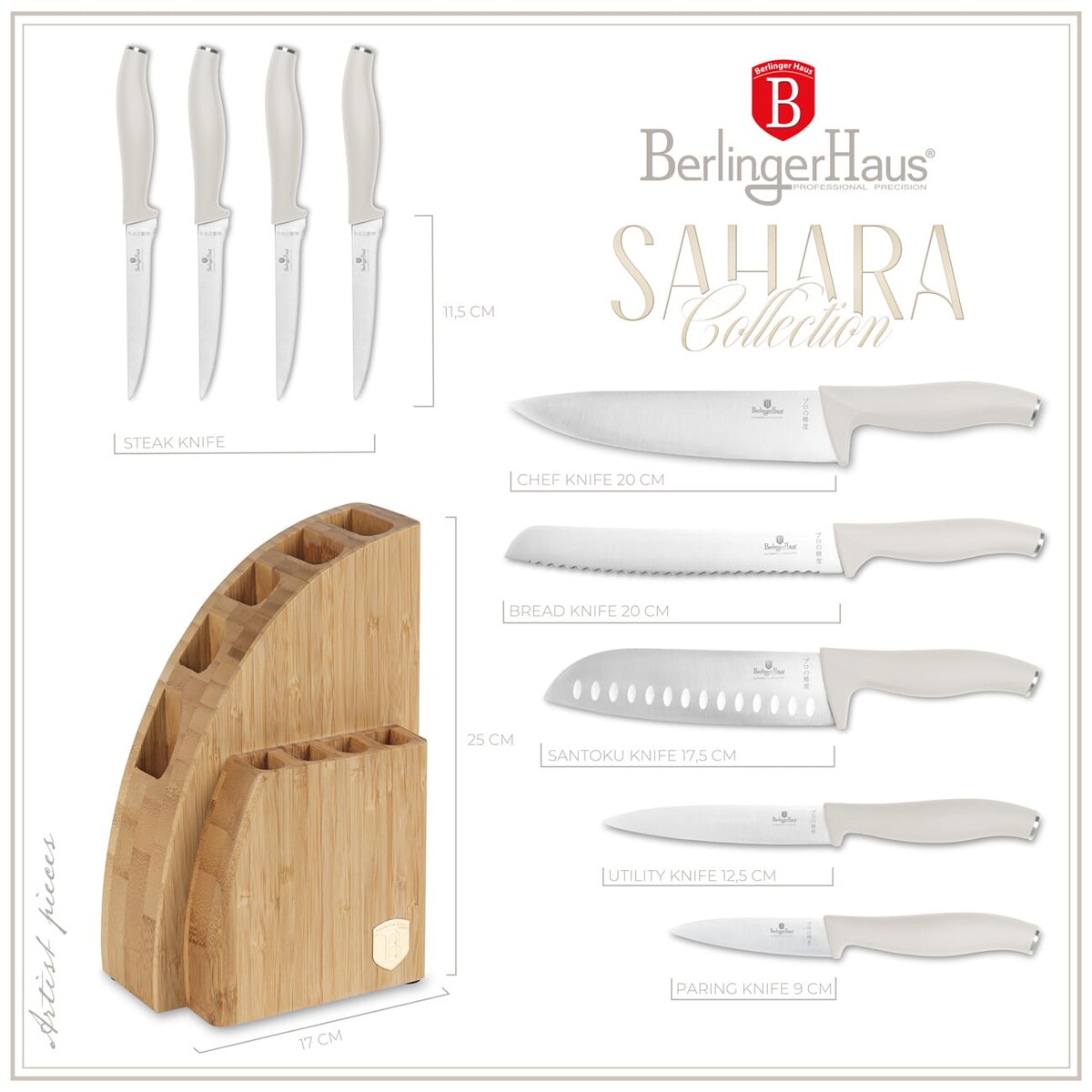 Zestaw 9 noży w stojaku bambusowym BerlingerHaus Sahara BH-3121