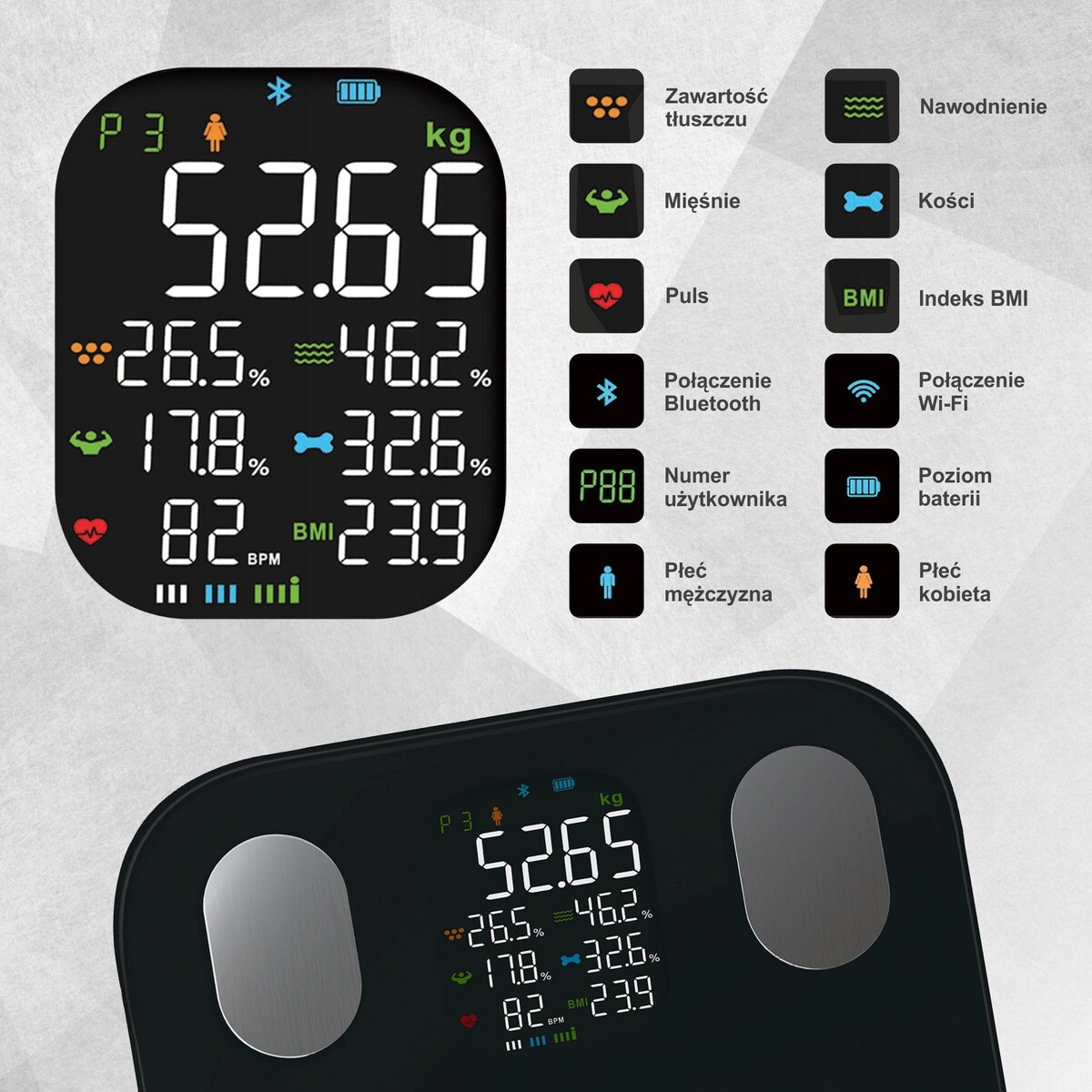Waga łazienkowa z pomiarem tkanki tłuszczowej i składu ciała, Smart, BT, KLAUSBERG czarna